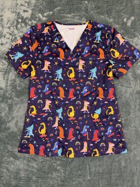 Dinosaur Print Womens Scrub Top V-Neck Short Sleeve Pockets Navy By Yezex Size M